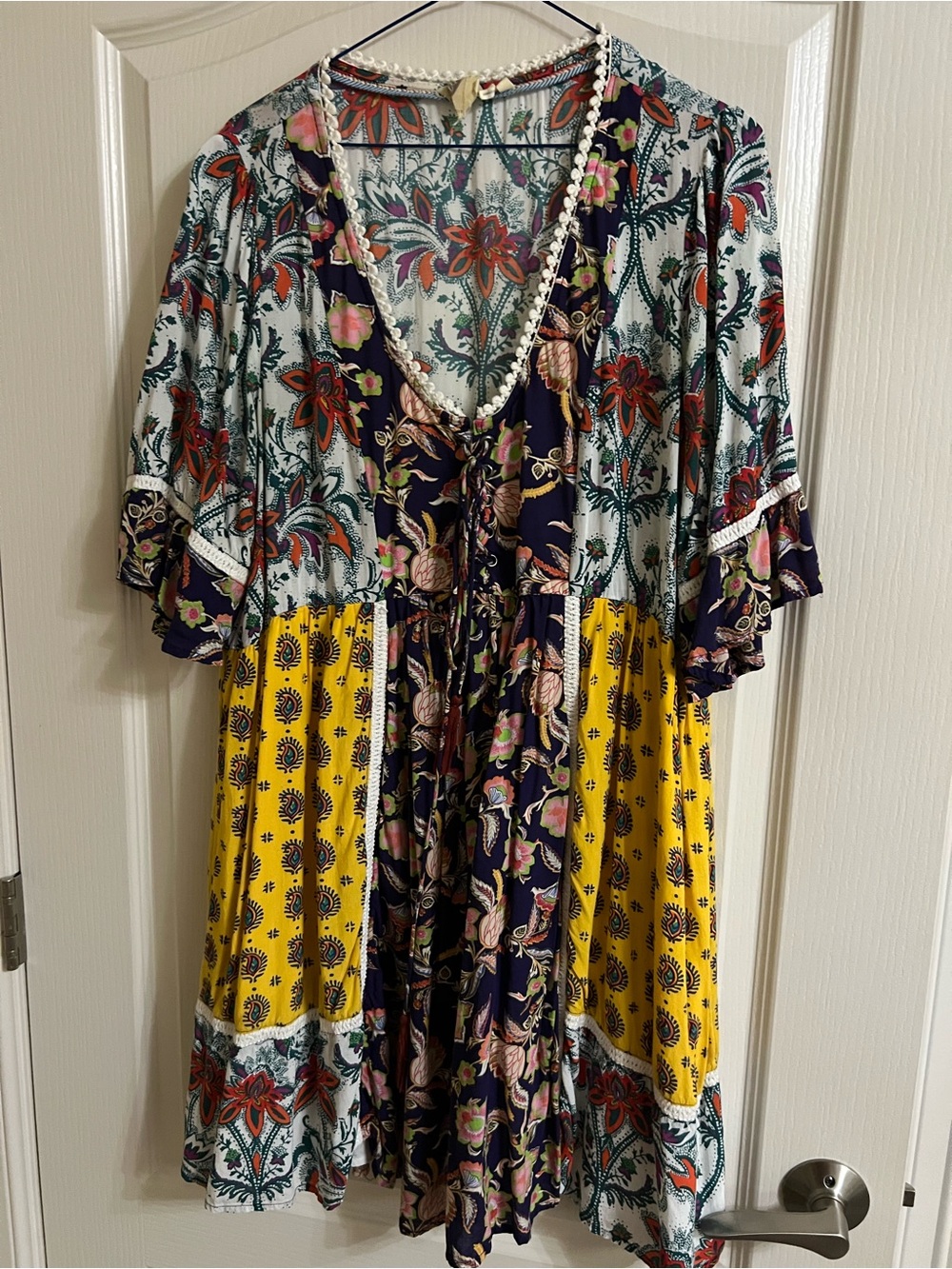 Anthropologie Mixed-Print V-Neck Midi Dress in Yellow, Navy & Teal
